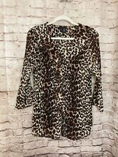 New Directions Shirt Women's Large Brown Animal Print Pleated Ruffle Button Up