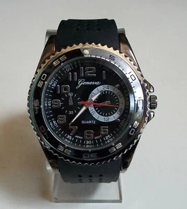 Men's Silver/Black Finish Silicone Band Fashion Dressy/Casual Hip Hop Watch - Picture 1 of 6