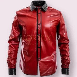 Men's Red Leather Shirt Causal Leather Shirt Genuine Lambskin Leather Shirt LGBT - Picture 1 of 3