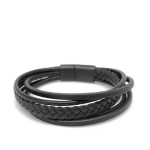 Pulsera de cuero genuino en capas negra cierre de bloqueo de acero inoxidable para hombre y mujer - Imagen 1 de 6