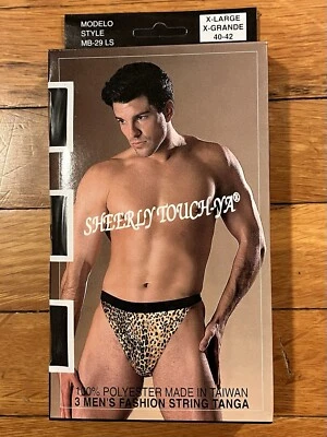 VINTAGE String Tanga Men’s XL Sheer Multicolor Cheetah Print Box Of 3 - Image 1 of 4