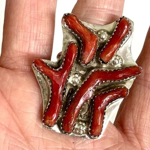 Navajo Red Branch Coral Ring Sz 7.5 Sterling Signed Tsabetsaye Turquoise - Picture 1 of 7