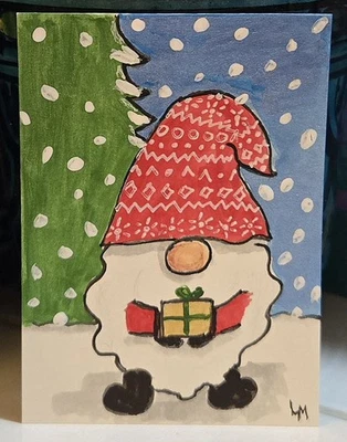 ACEO Оригинальная Художественная Картина Гном Подарок Елка Снег Рождество Зима Уникальная ATC  - Изображение 1 из 4