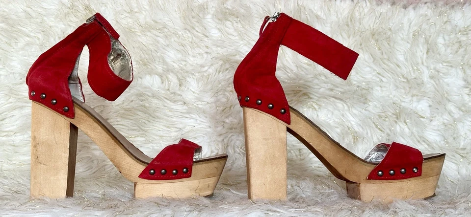 Sandalias de tacón alto vintage Bebe rojas de gamuza con plataforma de bloque de madera talla 10 Foto 1 de 4