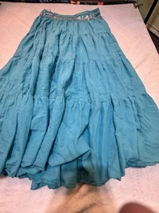 Peter Nygard Silk Midi Skirt Plus Sz 10 Festival Metallic Acct Lined Tiered Teal - Picture 1 of 14