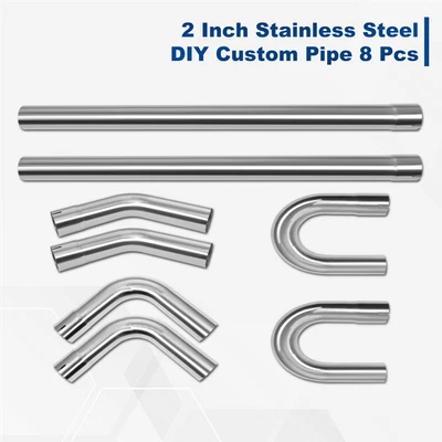 8Pcs Stainless Steel 2"/2.25"/2.5"/3"/3.5"OD DIY Custom Exhaust Tubing Pipe Kit - Image 1 of 4