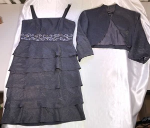 R&M Richards Tiered Embellished Dress With Bolero Jacket Dark Gray Sz 10 - Picture 1 of 11
