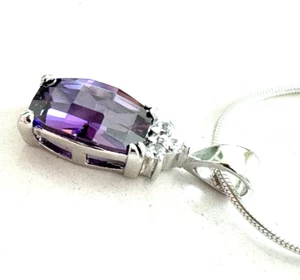 Solid Sterling Silver Necklace Amethyst Color Cubic Zirconia Stone Pendant - Picture 1 of 8