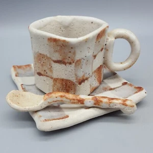 Checkered Square Coffee Tea Cup Saucer, Spoon Studio Art Pottery Rustic Speckled - Picture 1 of 11