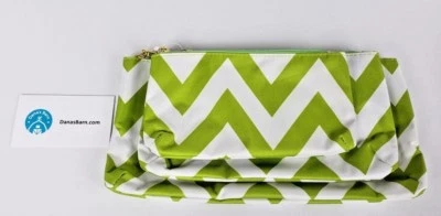Новый набор из 3 аксессуаров косметический макияж сумки ~ зеленый и белый шеврон в полоску - Изображение 1 из 3