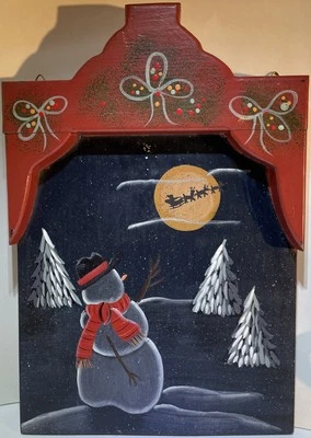 Madera, Muñeco de Nieve Pintado a Mano Trineo de Papá Noel Luna Noche de Invierno, Decoración de Pared de Navidad Foto 1 de 4
