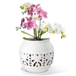 Orchid Pot with Holes, 6 Inch Ceramic Orchid Pot with Drainage and Tray, Prom... - Picture 1 of 7