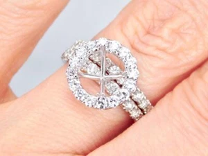 18K Gold Halo Round Brilliant Diamond Engagement & Wedding Ring Set Semi-Mount - Picture 1 of 9