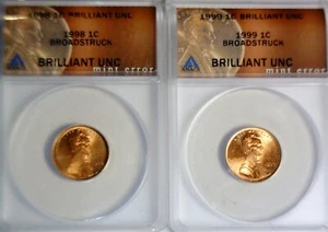 1998 & 1999 ERROR ANACS Broad Struck + CRK SKULL Lincoln Cent NICE BU 2 Coin LOT - Picture 1 of 4