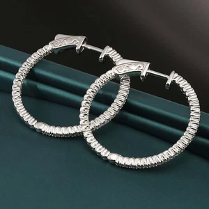 14K Real Solid White Gold Natural Round Diamond Inside Out Hoop Earrings 20-30MM - Picture 1 of 23