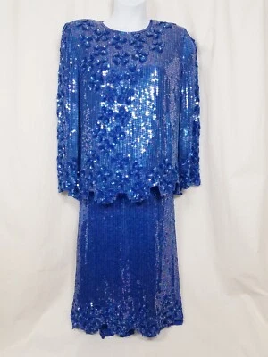 Conjunto de blusa camisa falda con cuentas lentejuelas seda escala vintage traje XLarge azul Foto 1 de 4