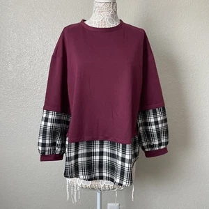 Bloomchic Sz 12 Purple Burgundy Plaid Patchwork Layered Sweatshirt Tunic Top - Picture 1 of 11