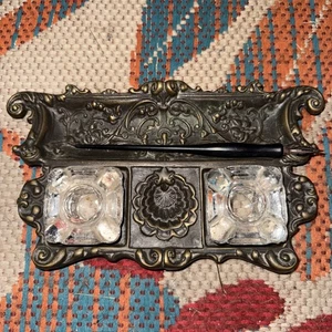 Antique Art Nouveau Heavy Brass Double Inkwell w Pen Tray Ornate - Picture 1 of 6