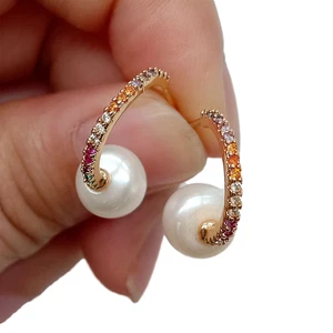 Ohrstecker 0,5 Zoll weiße Zuchtperlen mehrfarbig Zirkonia pave Blume - Bild 1 von 6