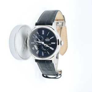 Orient Bambino Sun & Moon Mechanical Blue Dial and Leather Strap Men’s Watch box - Picture 1 of 10