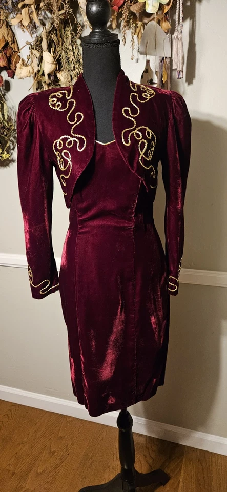Vintage 1980s Maroon 2 Biece Wiggle Dress Witj Gold Accents By Faviana New York - Image 1 of 4