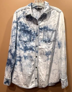 Rock And Republic Denim Snap Shirt Womens Acid Wash Studded L Large - Picture 1 of 11
