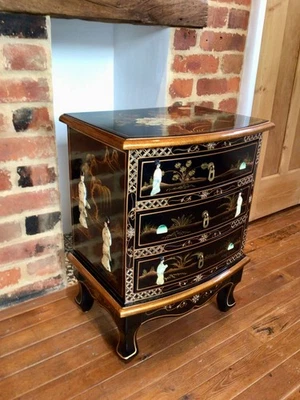 Oriental Chinese Chinoiserie / Black Lacquer Mother of Pearl Chest / Lamp Table - Image 1 of 4