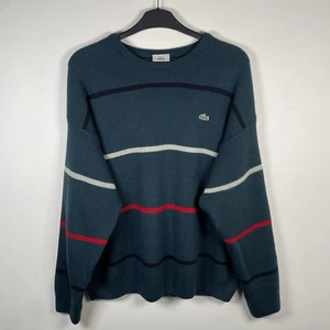 Lacoste Devanlay Vintage Wool Striped Jumper 80s Rare Teal Mens Size 6 XL - Picture 1 of 20