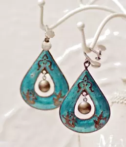 Orecchini Vintage Thailandesi a Clip - Argento Sterling e Smalto - Design Etnico - Foto 1 di 5