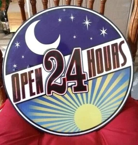 Open 24 Hours Sign Auto Heavy Garage Home Office Large Round Metal  - Picture 1 of 1