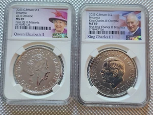 2 coin set 2023 uk 2 pound silver britannia QE II and KC III effigy ngc ms69 - Picture 1 of 2
