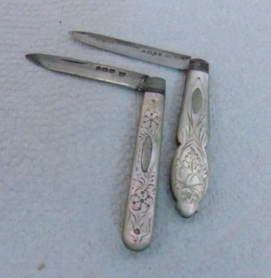 Two Antique 19th Century MOP Fancy Folding Silver Blade Pocket Fruit Knives - Image 1 of 4