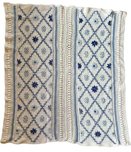 VINTAGE Blanket Throw 41” X 49” White Blues Flowers Baby Crochet Knit Diamonds - Picture 1 of 5