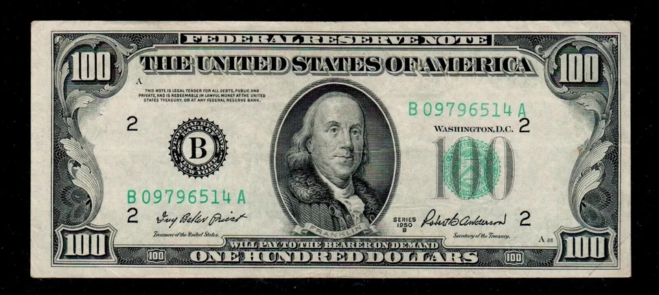 $100 1950-B Green Seal Federal Reserve Note New York Free Shipping (B170) - Image 1 of 2