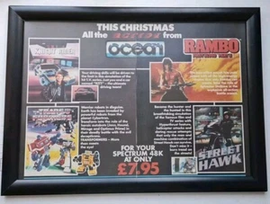 Rambo Ocean Software Promo Zx Spectrum PÓSTER DE JUEGO ANUNCIO ENMARCADO A3 11.5"X16" - Imagen 1 de 6