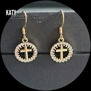Luxury 1 Pair Dainty Cross Earrings Crystal Gold Plated Vintage Look Gift - Picture 1 of 5