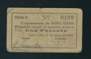 F.C. SANT GUIM (LLEIDA), 1 PESETA DE 1937. SERIE C. MB+- (VF+). - Bild 1 von 2