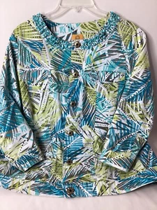 Ruby Rd. Womens Denim Jacket Tropical Palm Print 3/4 Sleeve Sz 22W - Picture 1 of 7