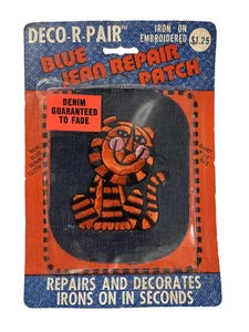 Vintage Deco-R-Pair Iron-On Embroidered Blue Jean Repair Patch Tiger - Picture 1 of 3