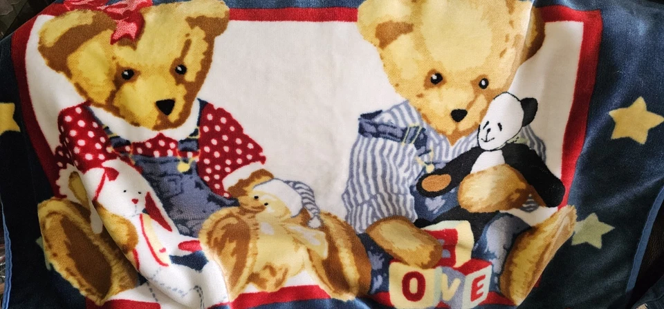 Oso de peluche Jean azul vintage felpa polar bebé manta tiro conejito panda  Foto 1 de 4