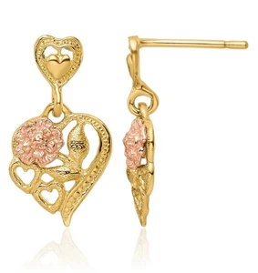 14K Solid Two Tone Gold Heart Rose Flower Dangle Earrings - Picture 1 of 11