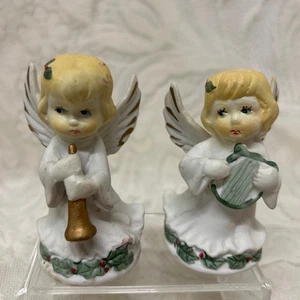 Vintage Ceramic Angel Figurines Set Of 2 Christmas Holiday Decor Harp and Horn - Picture 1 of 7