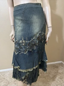Damenrock grünlich Denim Baumwolle Boho Perlen Reißverschluss Stickerei Größe M (6-8) 3716 - Bild 1 von 22