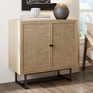 Kova Accent Sideboard Storage Cabinet in Light Wood and Rattan with Metal Fra... - Picture 1 of 9