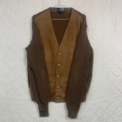 Mens Vintage SEARS Suede & Knit V-Neck Button Jacket Size Medium Brown (Flaws) - Image 1 of 4