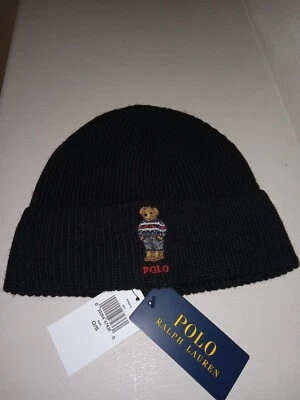 NWT NEW Ralph Lauren Bear Men's Cuffed Beanie Knit Striped Hat One Size Black - Изображение 1 из 3