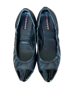PRADA Sport Black Leather, Patent Leather Cap Toe Ballet Flats, Size 36 - Picture 1 of 11