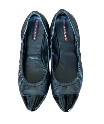 PRADA Sport Black Leather, Patent Leather Cap Toe Ballet Flats, Size 36 - Image 1 of 4