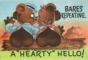 Postcard Linen Bears Bares Repeating A Hearty Hello Heart - Picture 1 of 2