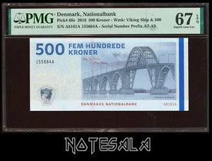 DENMARK 500 KRONER 2016 Pick-68e PMG 67 SUPERB GEM UNC EPQ S/N A8161A 155664A - Picture 1 of 2